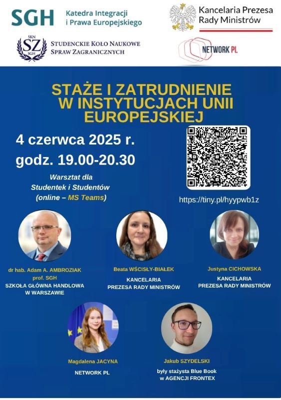 plakat informujący o spotkaniu w sprawie staży oraz zatrudnienia w instytucjach Unii Europejskiej
