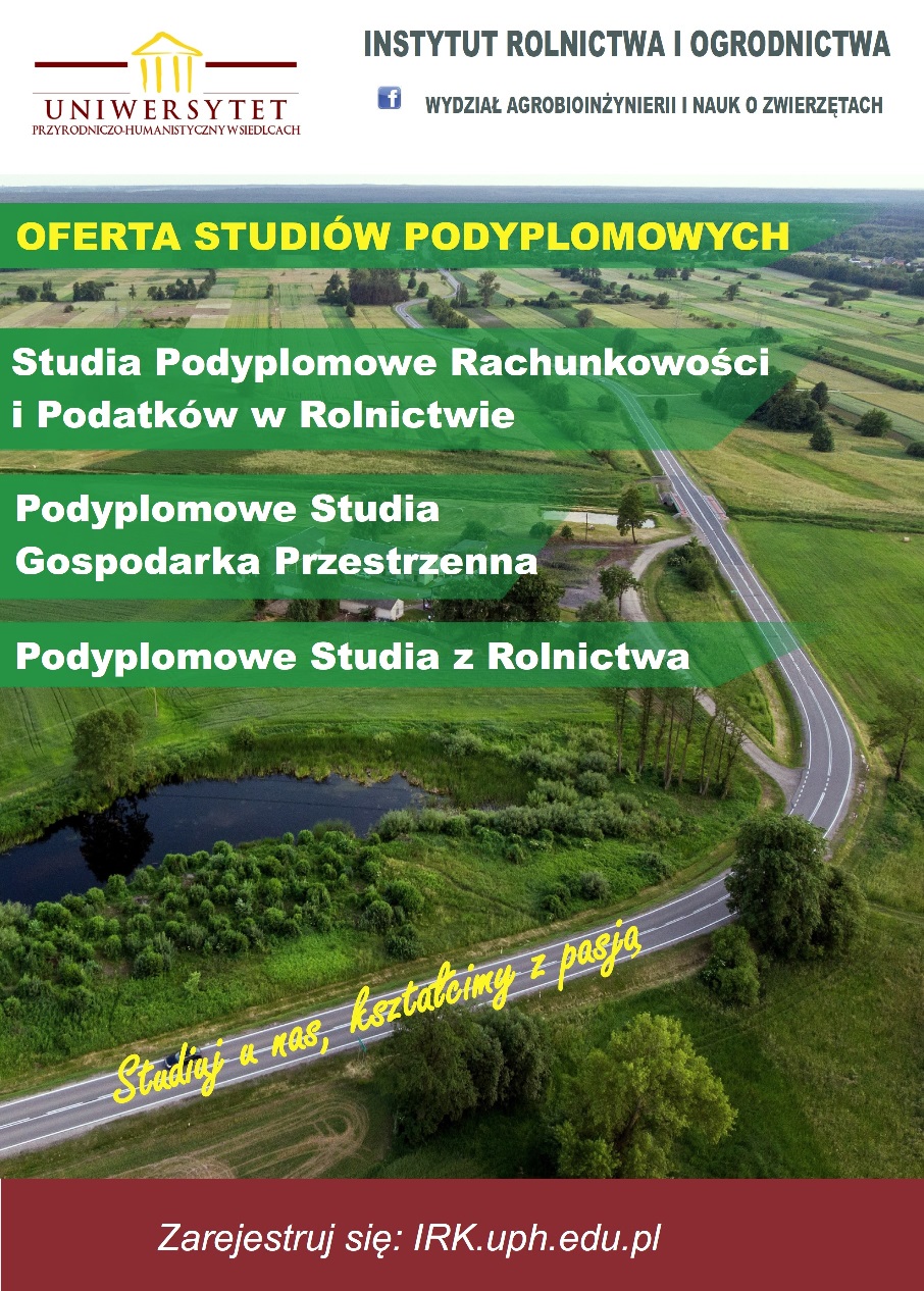 plakat z ofertą studiów podyplomowych na Wydziale Agrobioinżynierii i Nauk o Zwierzętach